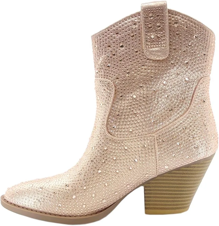 ABSOLEX Women Western Cowgirl Cowboy Pointed Toe Rhinestone Ankle Booties