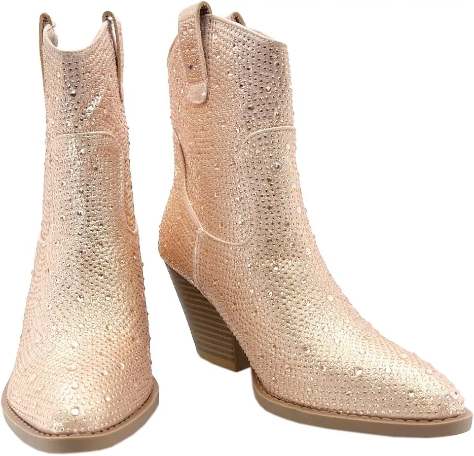 ABSOLEX Women Western Cowgirl Cowboy Pointed Toe Rhinestone Ankle Booties