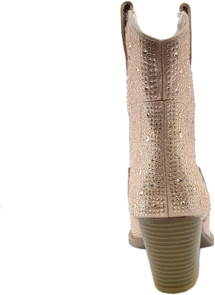 ABSOLEX Women Western Cowgirl Cowboy Pointed Toe Rhinestone Ankle Booties