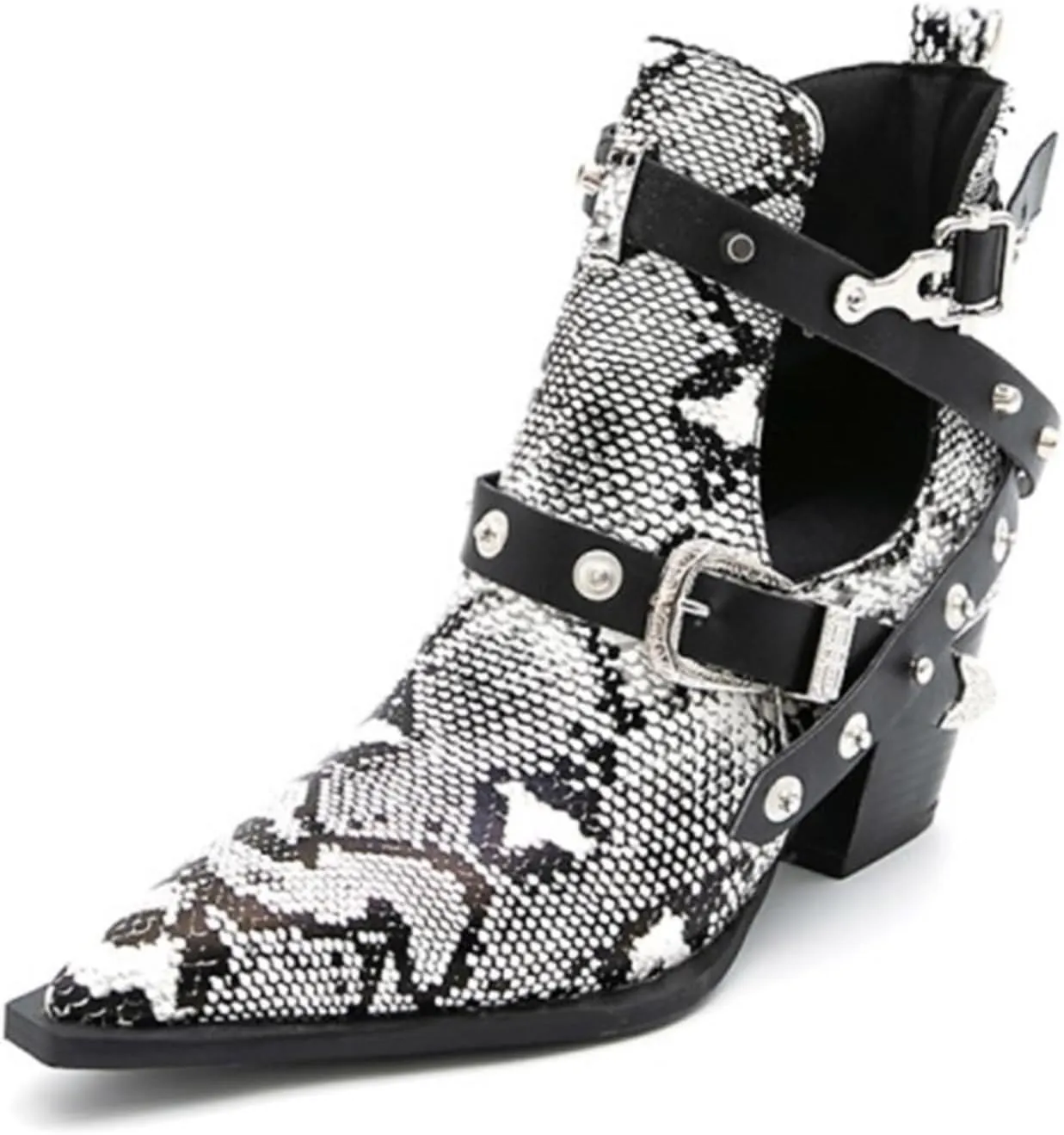 Aflngle Women's Chunky Heel Block Snakeskin Printed Ankle Boots Pointed Closed Toe Cutout Low Heel Slip on Chelsea Short Boots Rivet Western Cowboy Boots