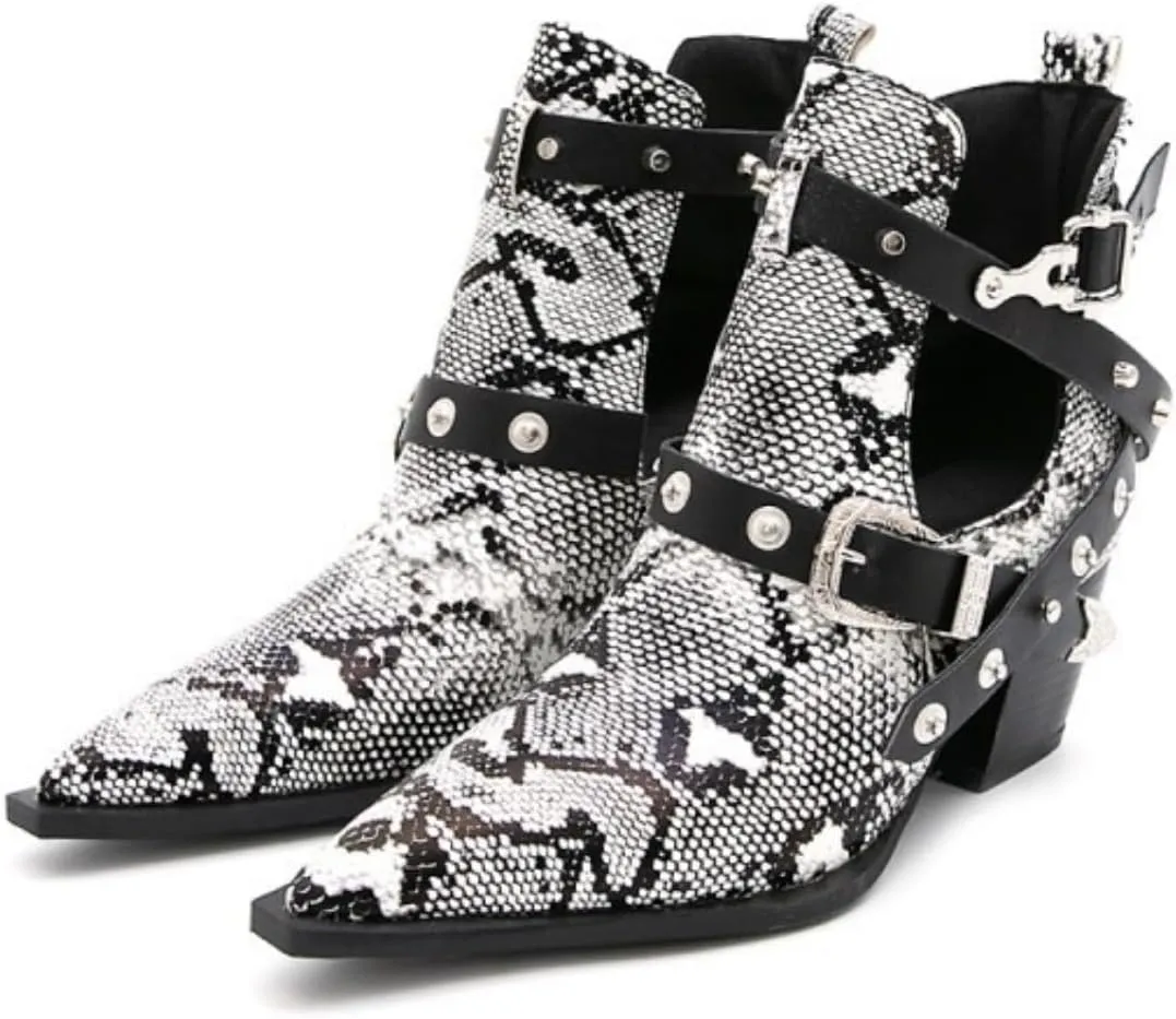 Aflngle Women's Chunky Heel Block Snakeskin Printed Ankle Boots Pointed Closed Toe Cutout Low Heel Slip on Chelsea Short Boots Rivet Western Cowboy Boots