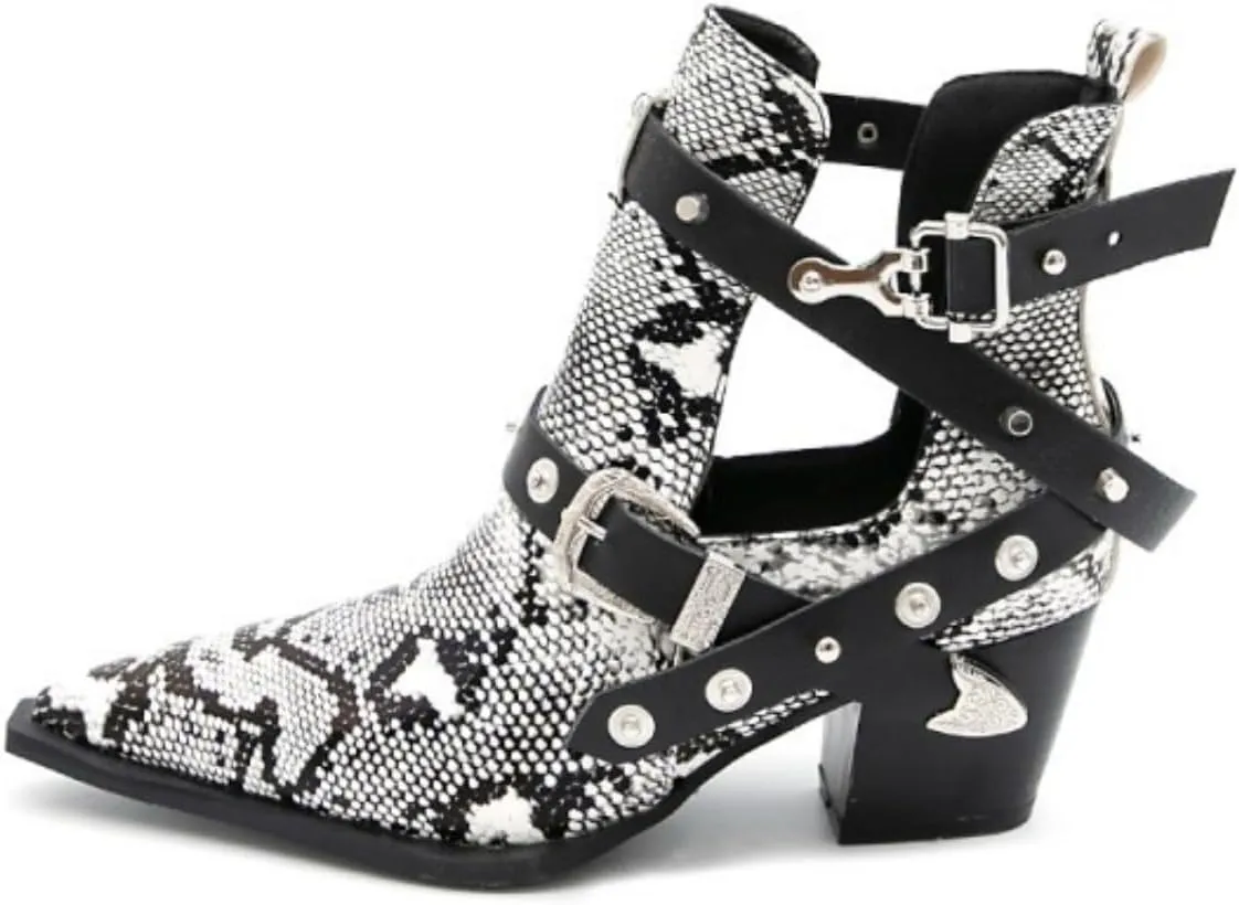 Aflngle Women's Chunky Heel Block Snakeskin Printed Ankle Boots Pointed Closed Toe Cutout Low Heel Slip on Chelsea Short Boots Rivet Western Cowboy Boots