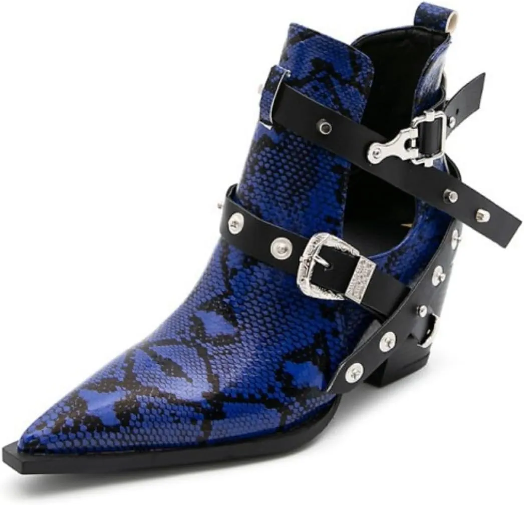 Aflngle Women's Chunky Heel Block Snakeskin Printed Ankle Boots Pointed Closed Toe Cutout Low Heel Slip on Chelsea Short Boots Rivet Western Cowboy Boots