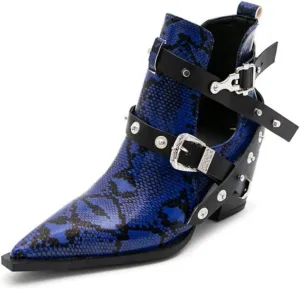 Aflngle Women's Chunky Heel Block Snakeskin Printed Ankle Boots Pointed Closed Toe Cutout Low Heel Slip on Chelsea Short Boots Rivet Western Cowboy Boots