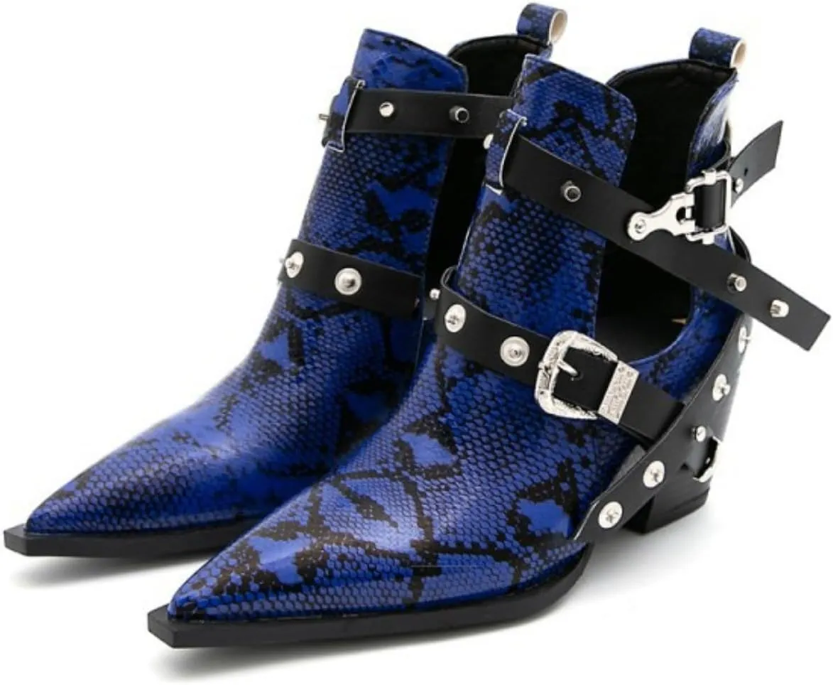 Aflngle Women's Chunky Heel Block Snakeskin Printed Ankle Boots Pointed Closed Toe Cutout Low Heel Slip on Chelsea Short Boots Rivet Western Cowboy Boots