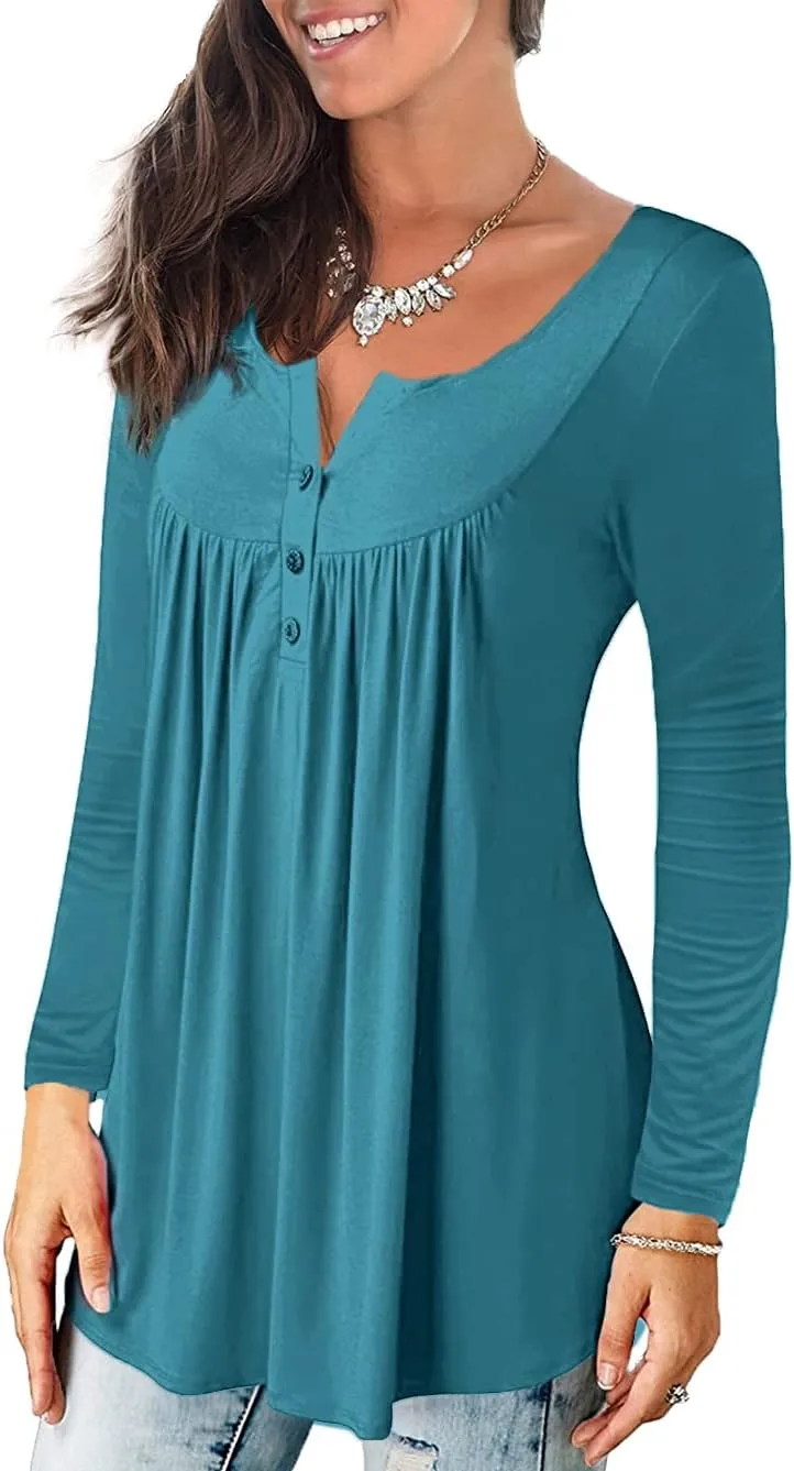 a.Jesdani Plus Size Tunic Tops Long Sleeve Casual Floral Printed Henley V Neck Shirts for Women