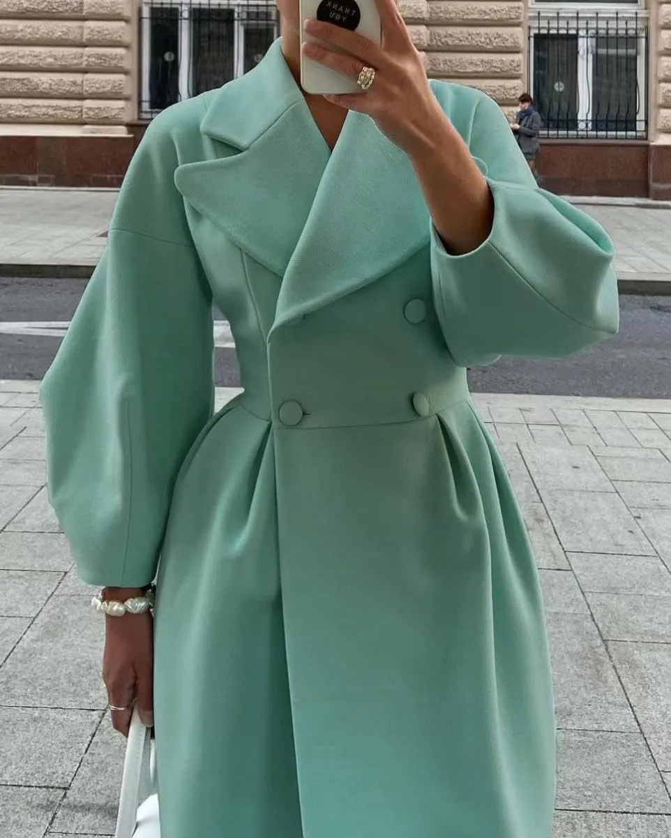 Akivide Womens Double Breasted Long Pea Coats Lapel Lantern Sleeve Maxi Trench Coats Fall Winter Wool Blend Overcoat