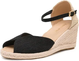 Alexis Leroy Women's Open Toe Comfortable Ankle Strap Espadrilles Wedge Sandals