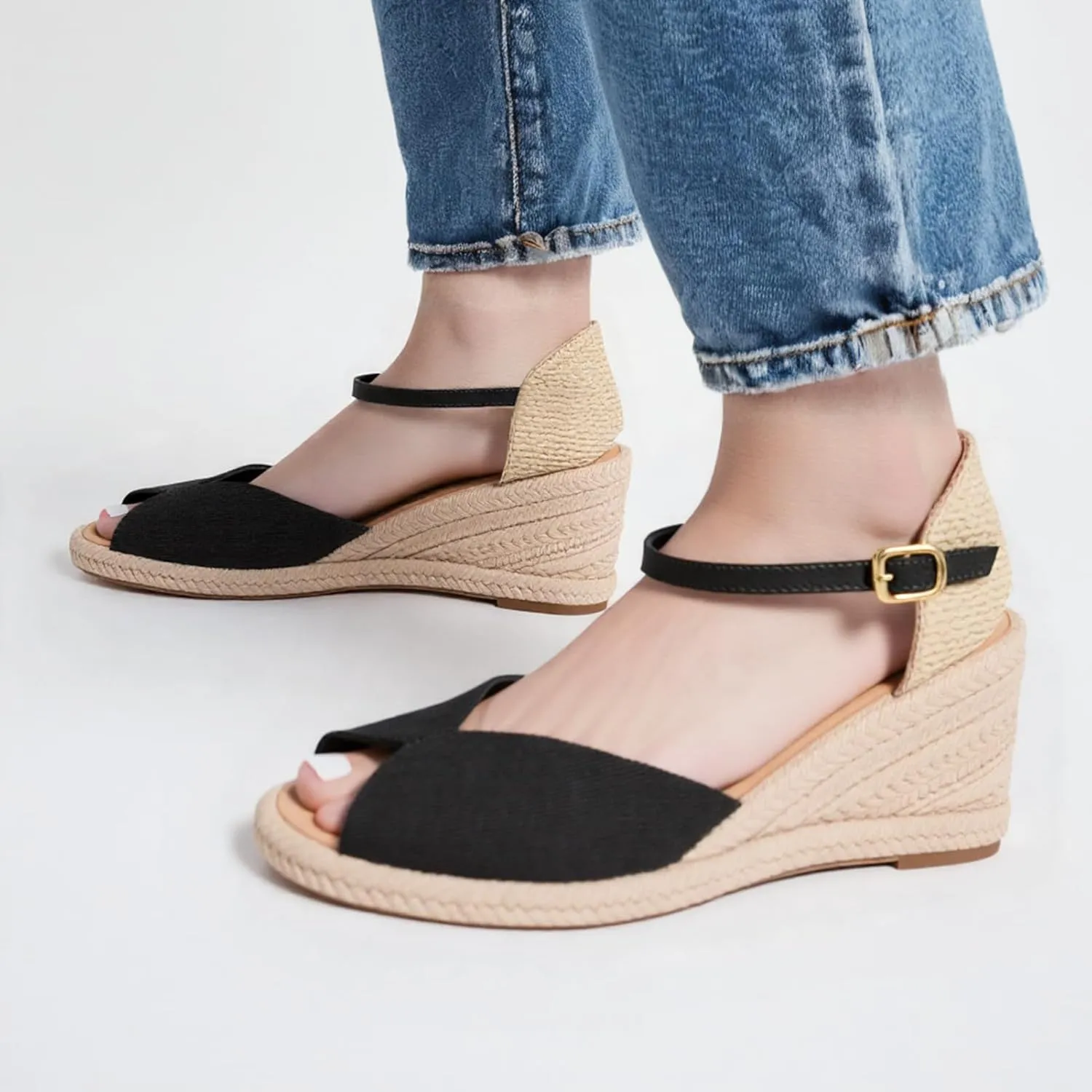 Alexis Leroy Women's Open Toe Comfortable Ankle Strap Espadrilles Wedge Sandals