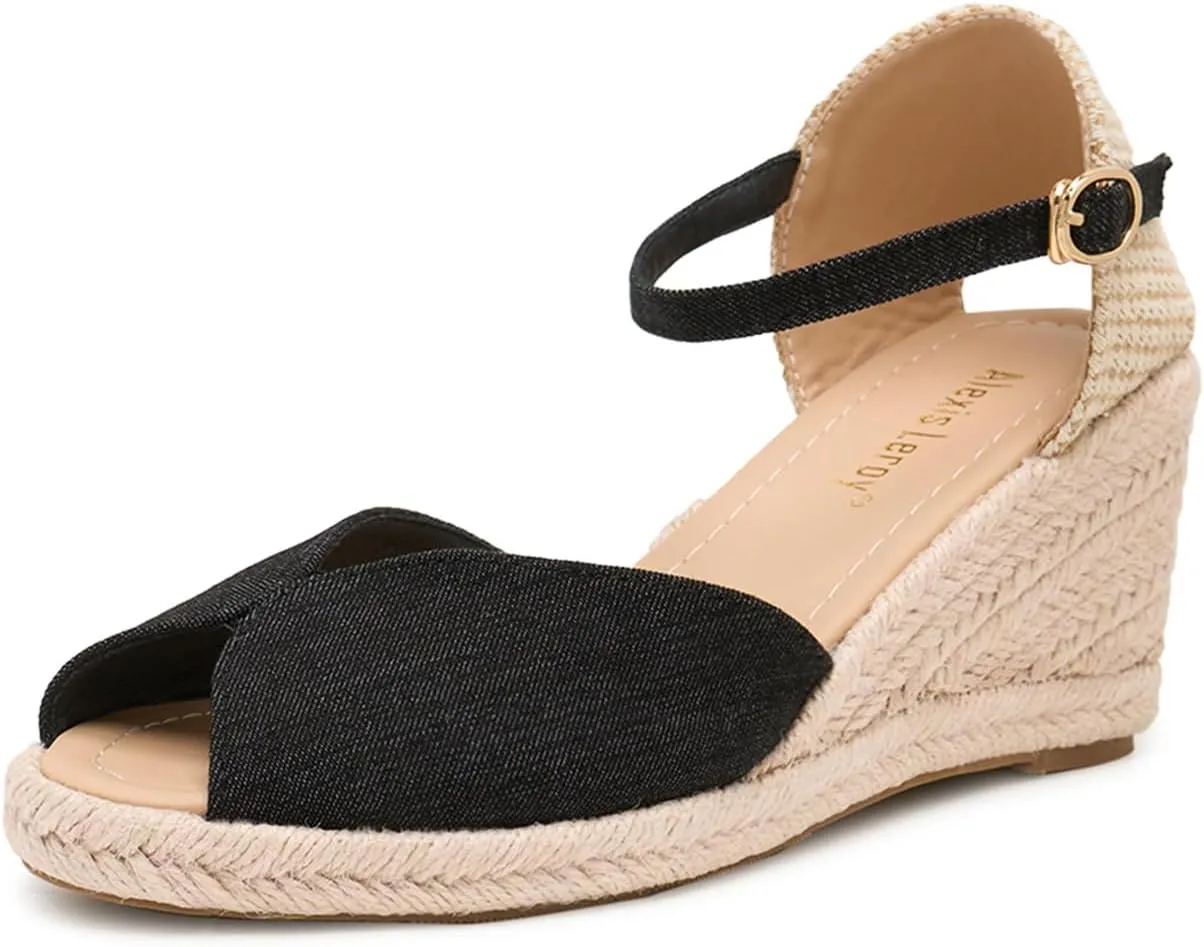 Alexis Leroy Women's Open Toe Comfortable Ankle Strap Espadrilles Wedge Sandals