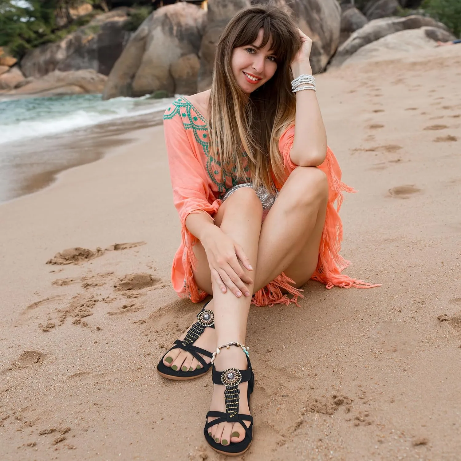 Alicegana Women's Flat Sandals Dressy Summer Comfortable Bohemian Walking Beach Travel Shoes