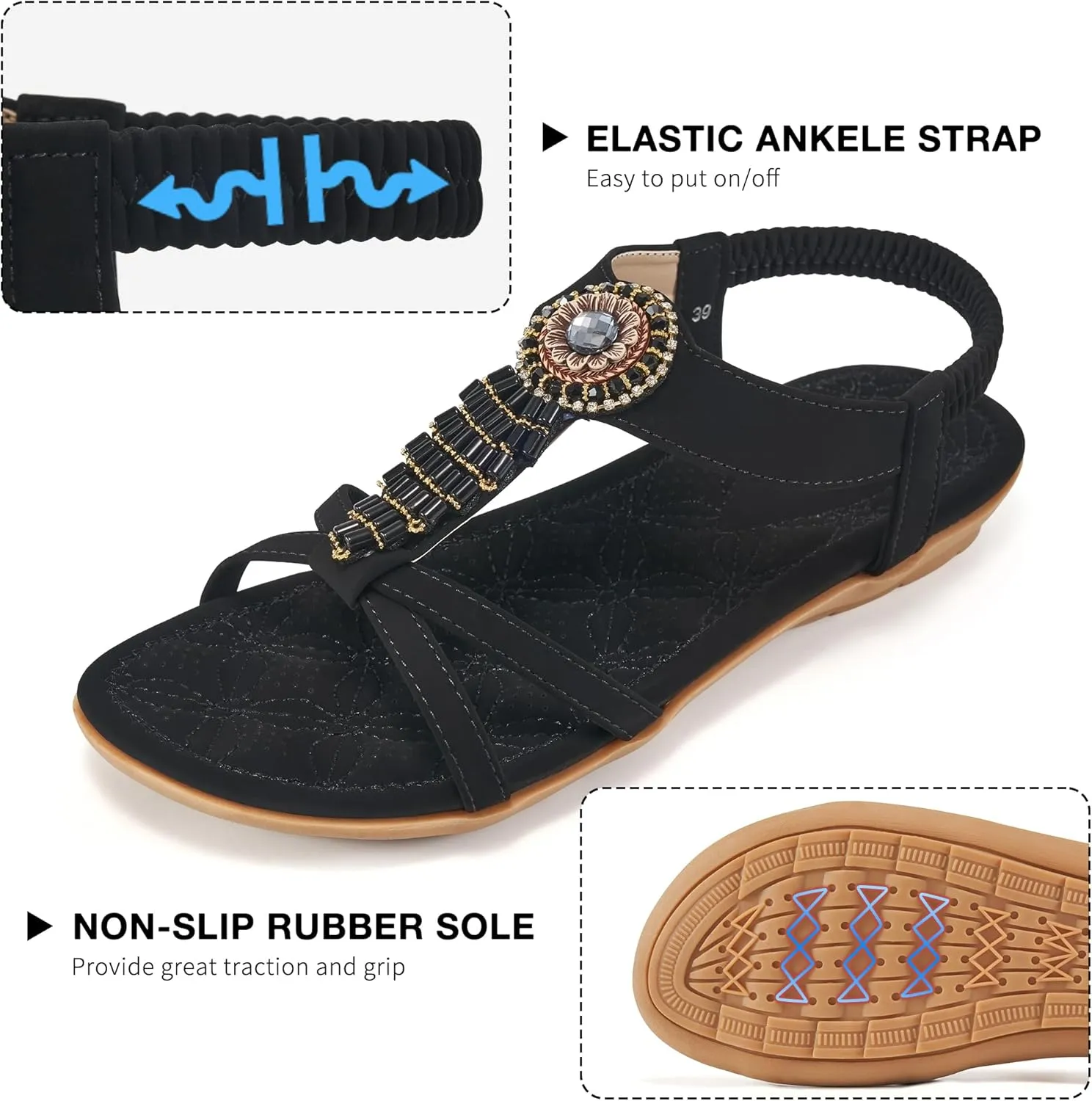 Alicegana Women's Flat Sandals Dressy Summer Comfortable Bohemian Walking Beach Travel Shoes