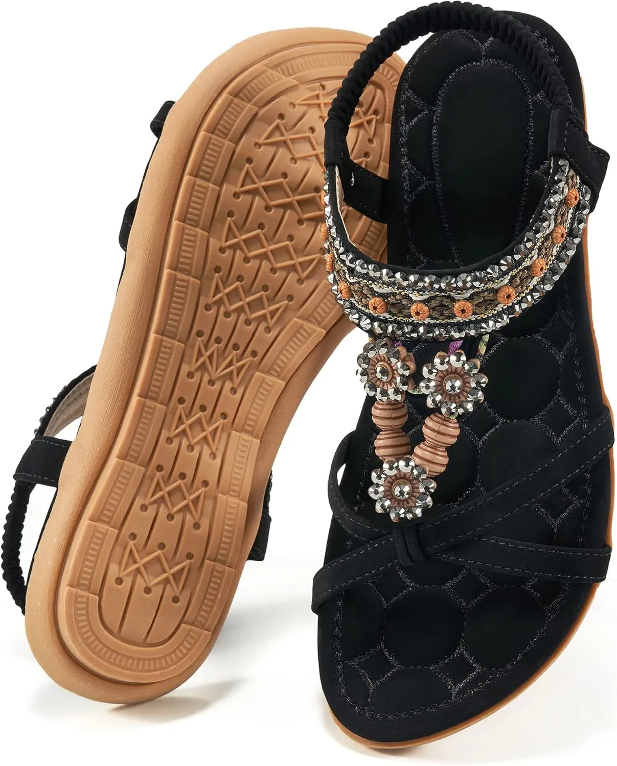 Alicegana Womens Sandals Dressy Summer: Comfortable Bohemian Flats Elastic Ankle Strap Walking Beach Shoes