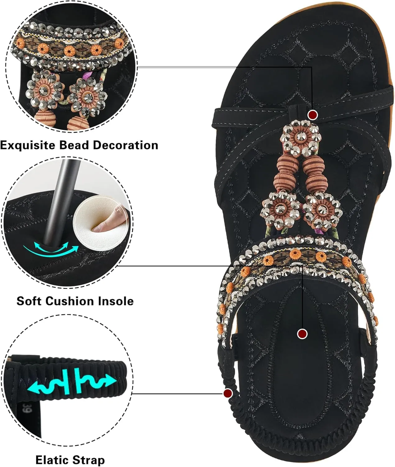 Alicegana Womens Sandals Dressy Summer: Comfortable Bohemian Flats Elastic Ankle Strap Walking Beach Shoes