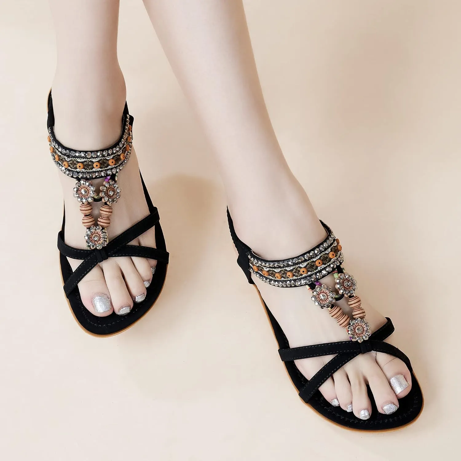 Alicegana Womens Sandals Dressy Summer: Comfortable Bohemian Flats Elastic Ankle Strap Walking Beach Shoes