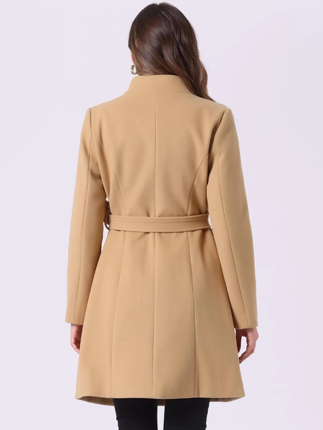 Allegra K Winter Belted Coat for Women's Stand Collar Buttoned Outwear Mid-Long Work Overcoat