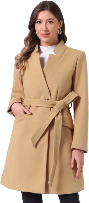 Allegra K Winter Belted Coat for Women's Stand Collar Buttoned Outwear Mid-Long Work Overcoat