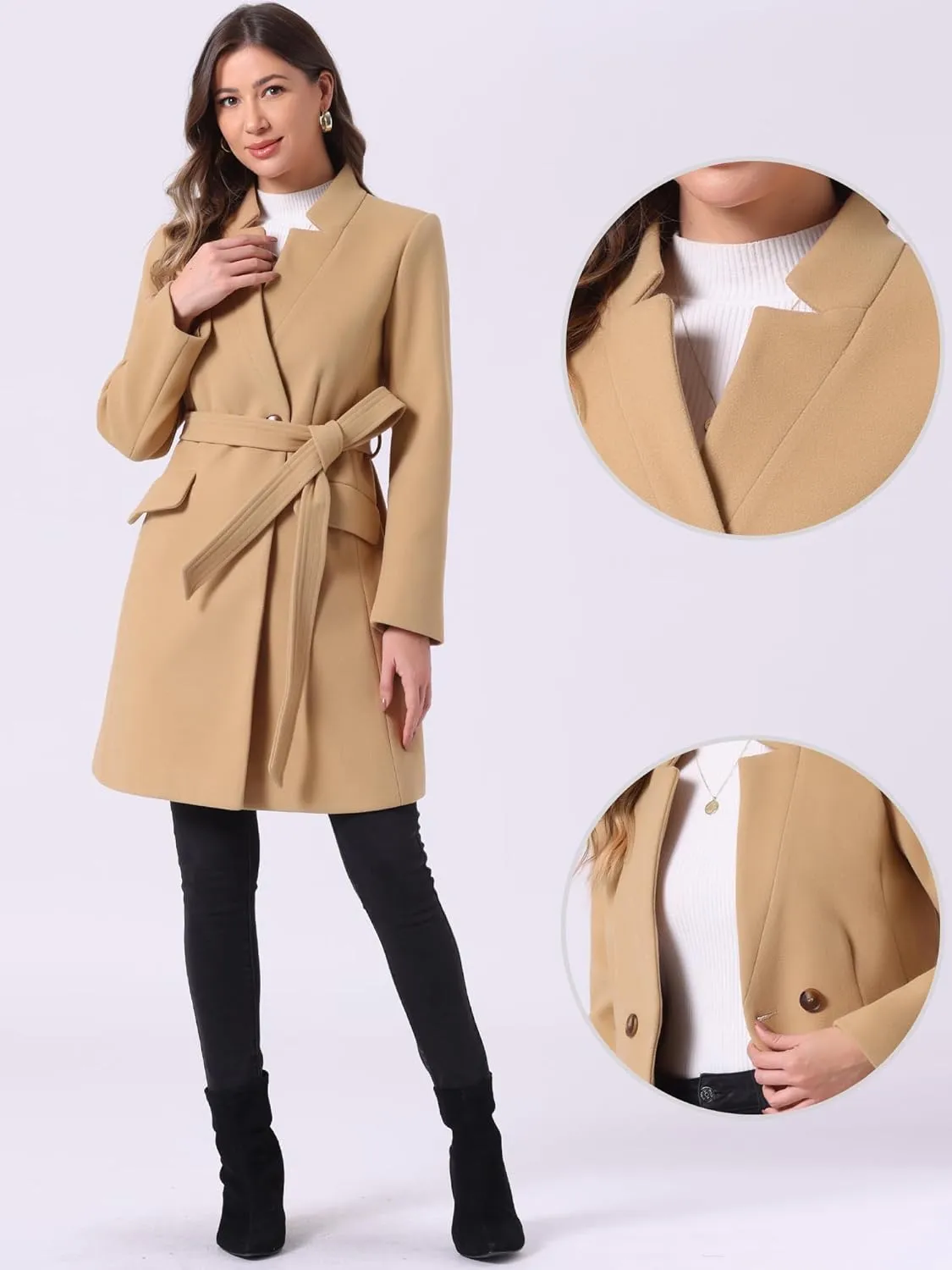 Allegra K Winter Belted Coat for Women's Stand Collar Buttoned Outwear Mid-Long Work Overcoat