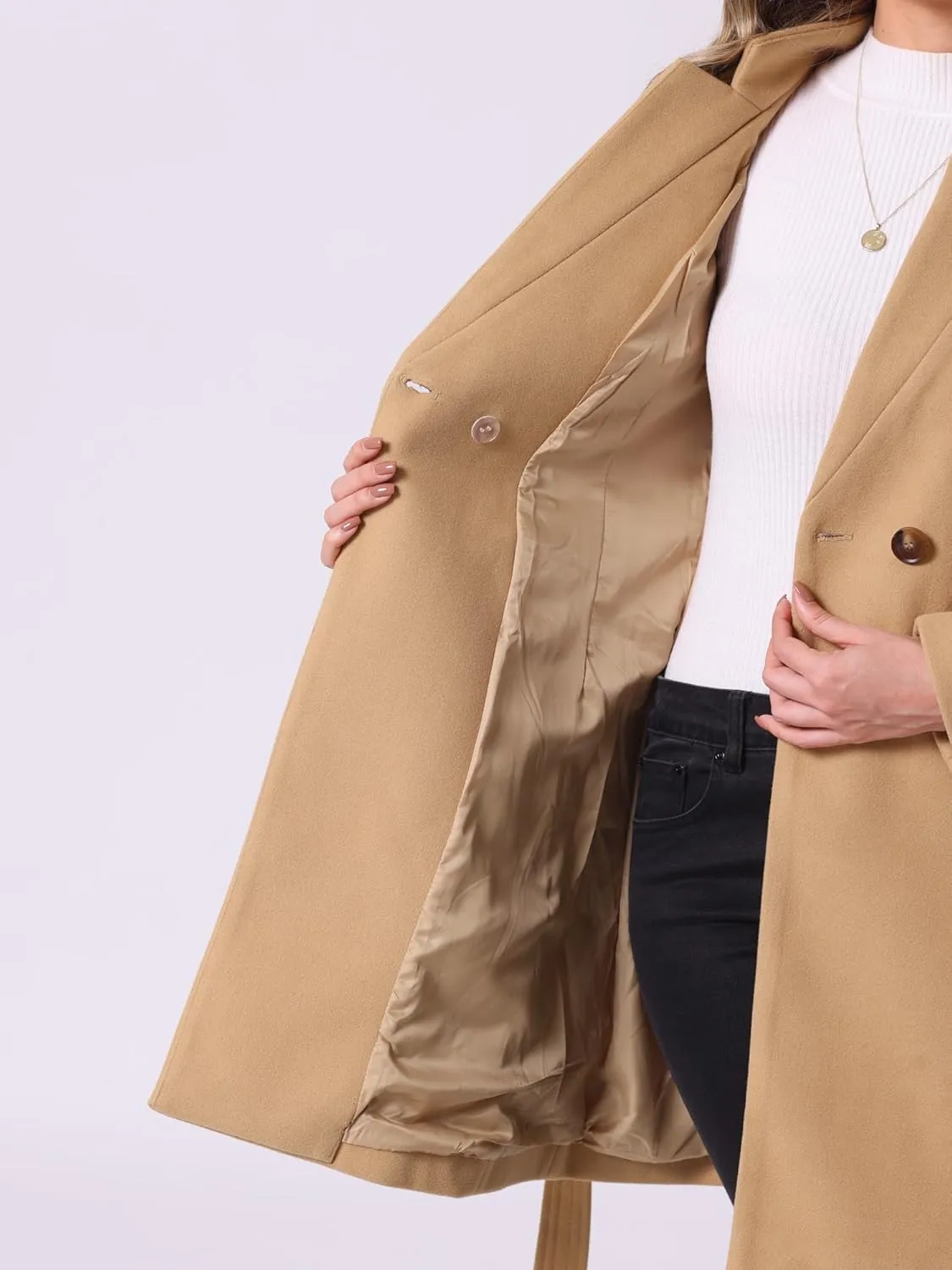 Allegra K Winter Belted Coat for Women's Stand Collar Buttoned Outwear Mid-Long Work Overcoat