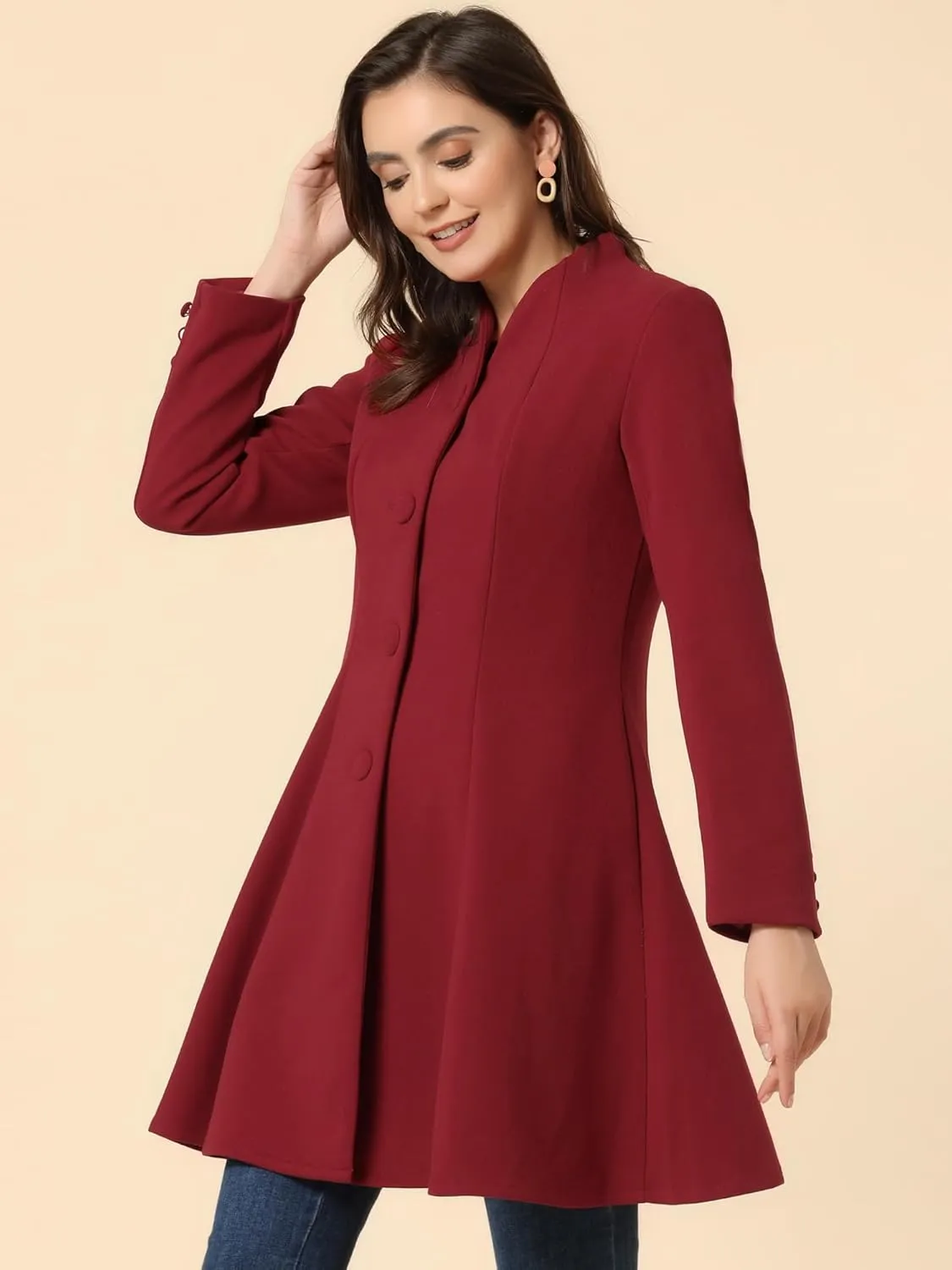 Allegra K Women's Single Breasted Coat A Line Mid-Long Pea Outerwear Winter Coat