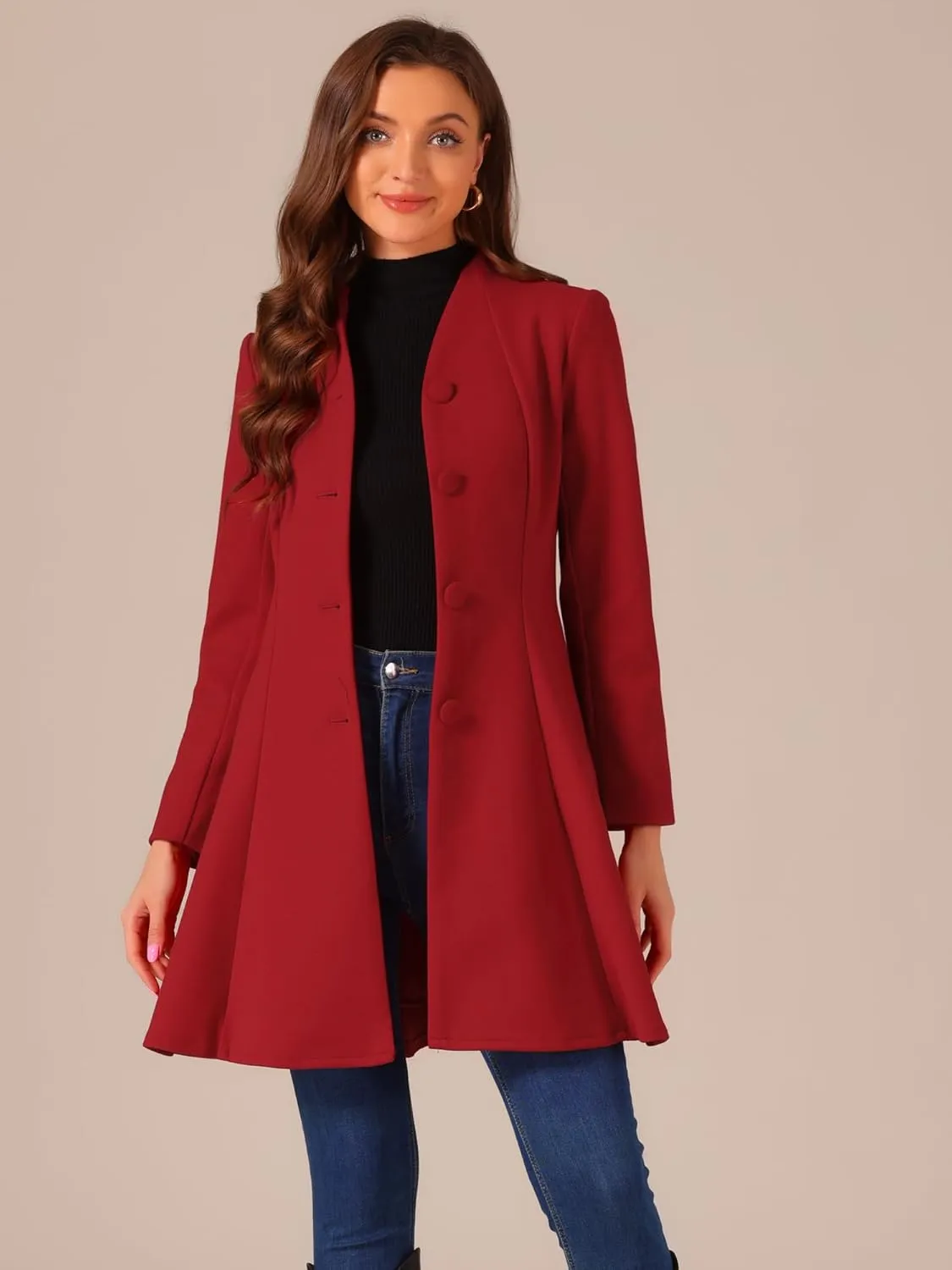 Allegra K Women's Single Breasted Coat A Line Mid-Long Pea Outerwear Winter Coat