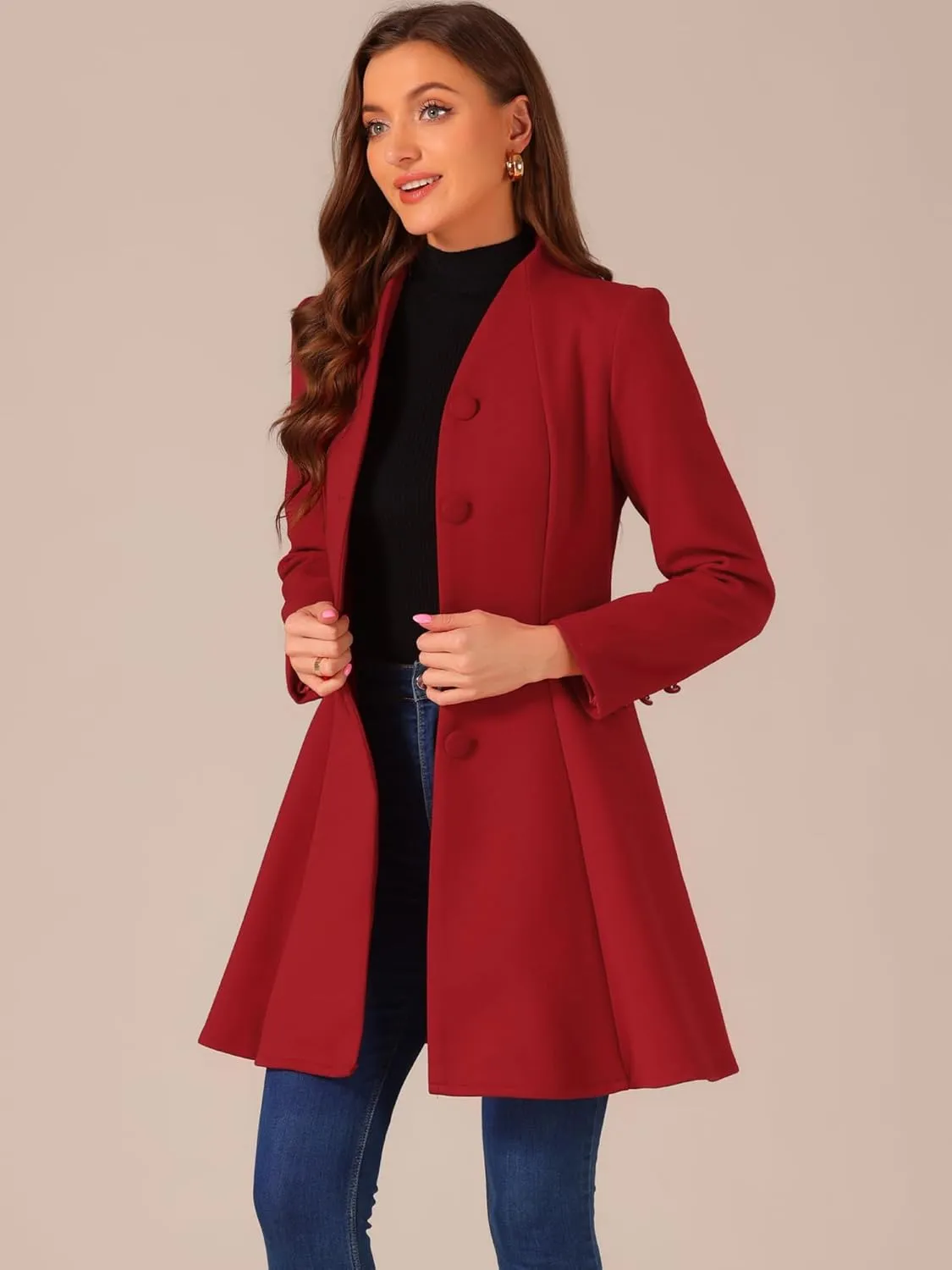 Allegra K Women's Single Breasted Coat A Line Mid-Long Pea Outerwear Winter Coat
