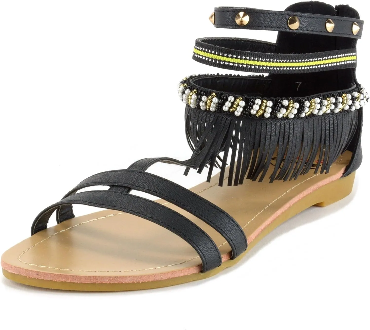 Alpine Swiss Womens Beaded & Studded Fringe Flat Gladiator Sandals