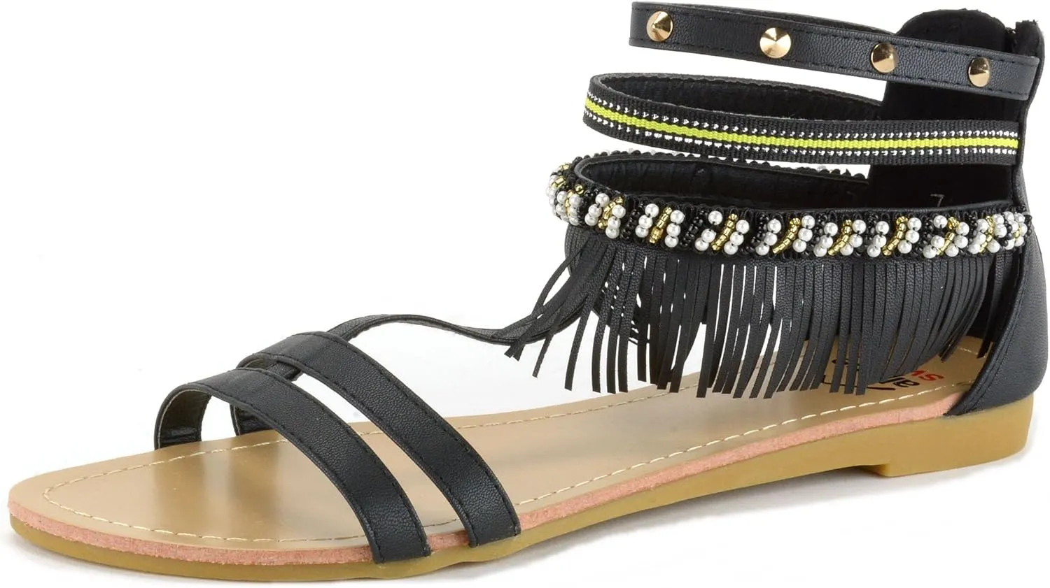 Alpine Swiss Womens Beaded & Studded Fringe Flat Gladiator Sandals