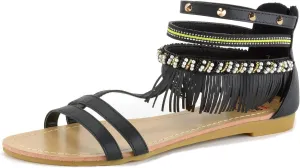Alpine Swiss Womens Beaded & Studded Fringe Flat Gladiator Sandals