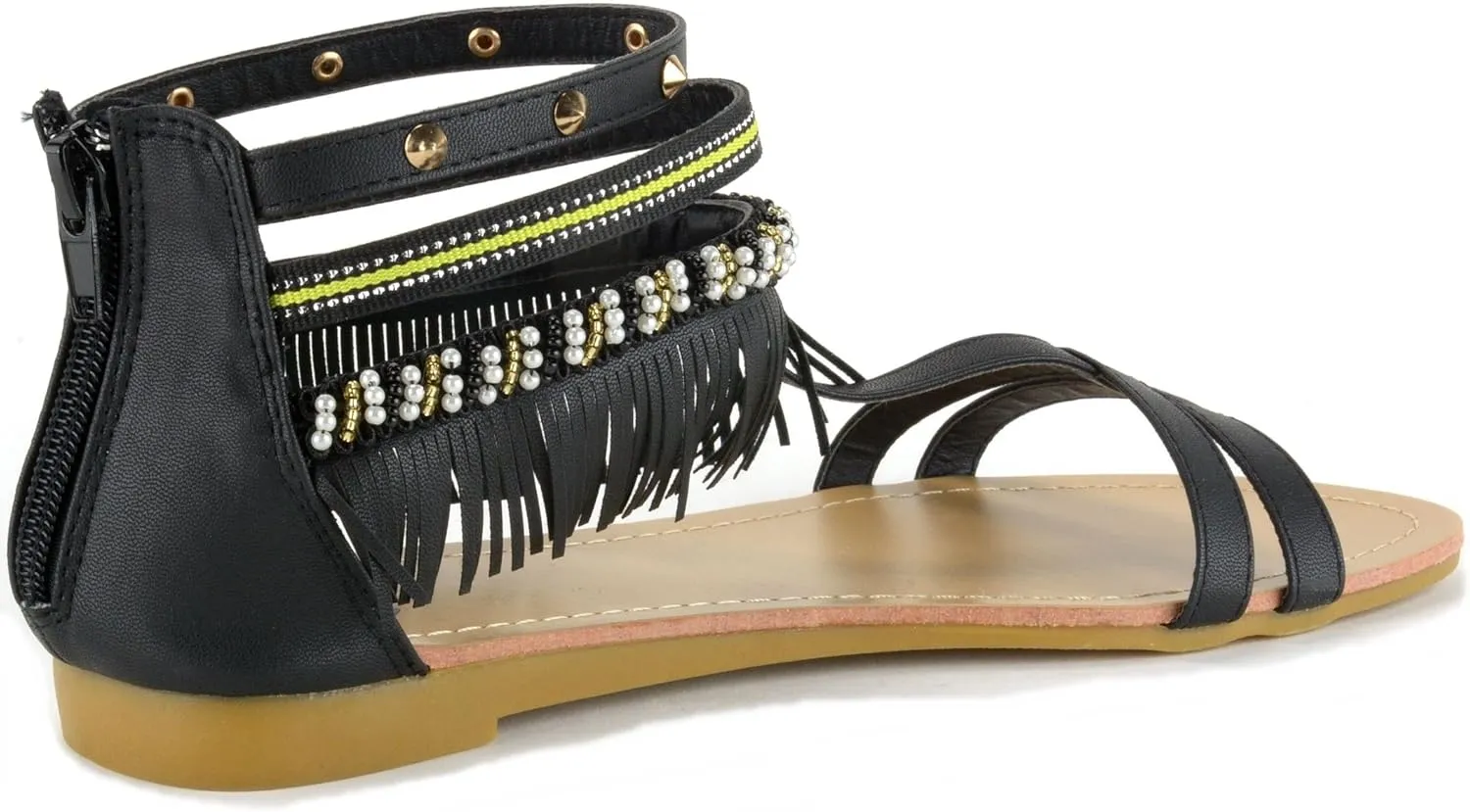 Alpine Swiss Womens Beaded & Studded Fringe Flat Gladiator Sandals