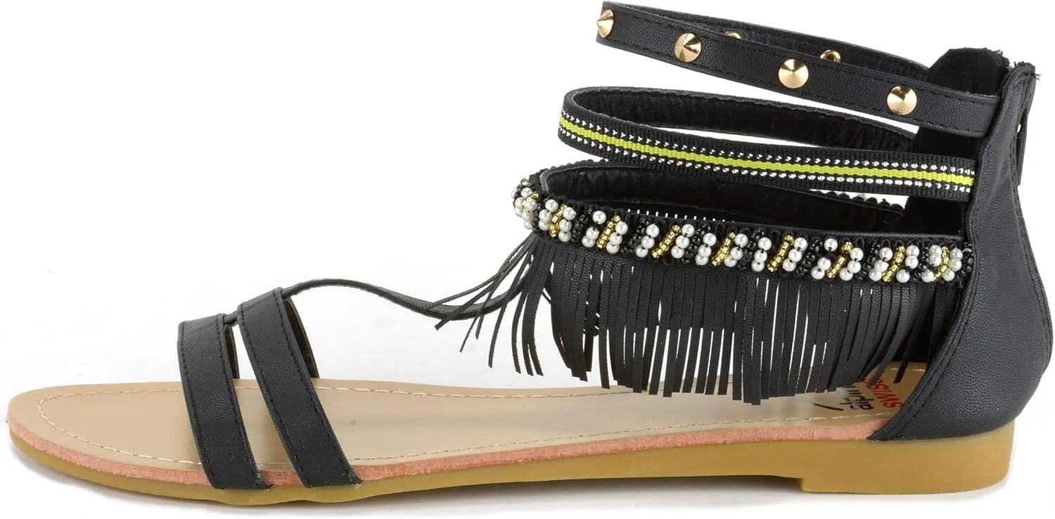 Alpine Swiss Womens Beaded & Studded Fringe Flat Gladiator Sandals
