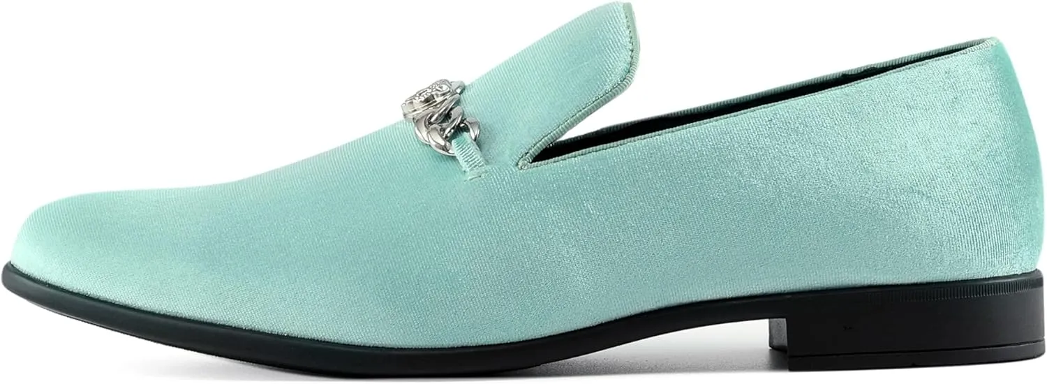 Amali Velvet Slip-On Dress Loafers for Men with Lion Head Piece, Men's Formal Smoking Tuxedo Slippers, Loafer Shoes with Metal Chain Detail
