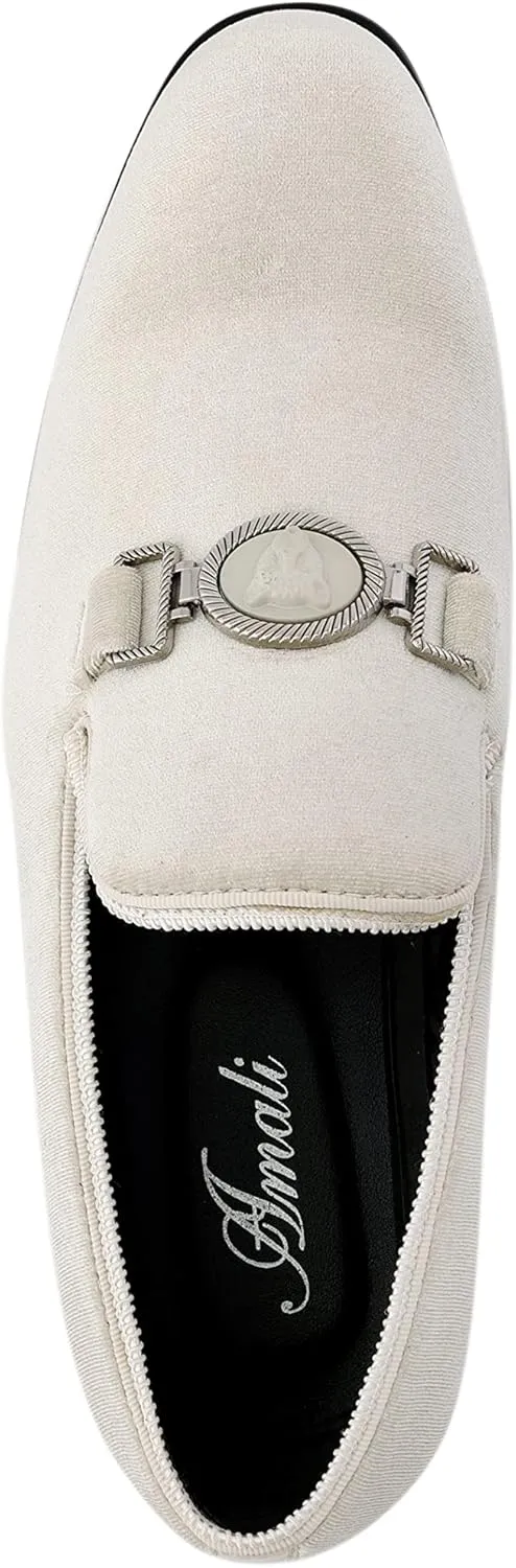Amali Velvet Slip-On Dress Loafers for Men with Lion Head Piece, Men's Formal Smoking Tuxedo Slippers, Loafer Shoes with Metal Chain Detail