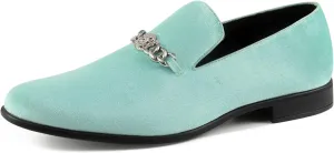 Amali Velvet Slip-On Dress Loafers for Men with Lion Head Piece, Men's Formal Smoking Tuxedo Slippers, Loafer Shoes with Metal Chain Detail