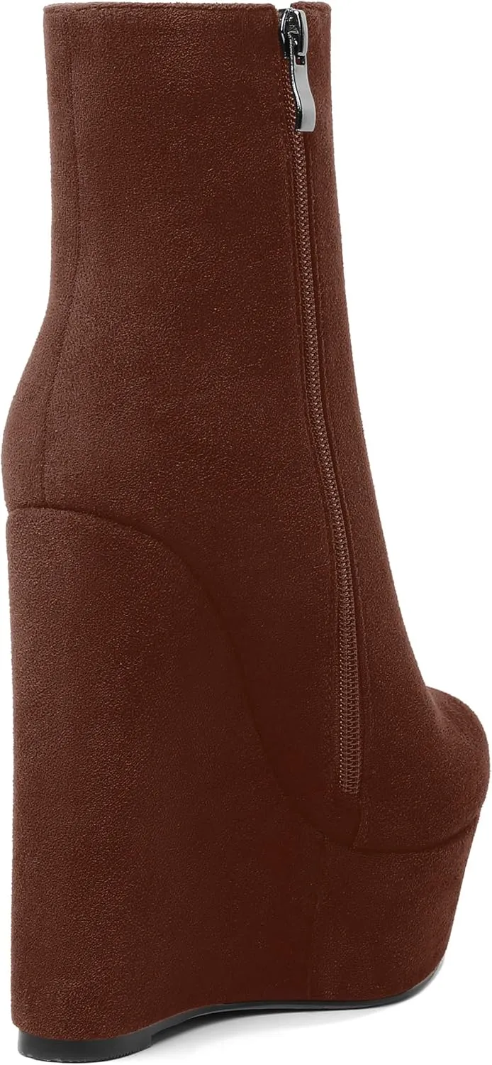 AMBELIGHT Womens Night Club Suede Round Toe Fashion Booties Platform Zip Wedge High Heel Ankle High Boots 6 Inch