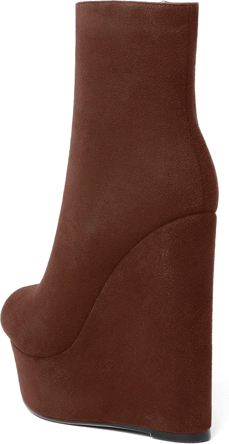 AMBELIGHT Womens Night Club Suede Round Toe Fashion Booties Platform Zip Wedge High Heel Ankle High Boots 6 Inch