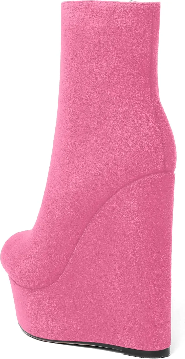 AMBELIGHT Womens Night Club Suede Round Toe Fashion Booties Platform Zip Wedge High Heel Ankle High Boots 6 Inch