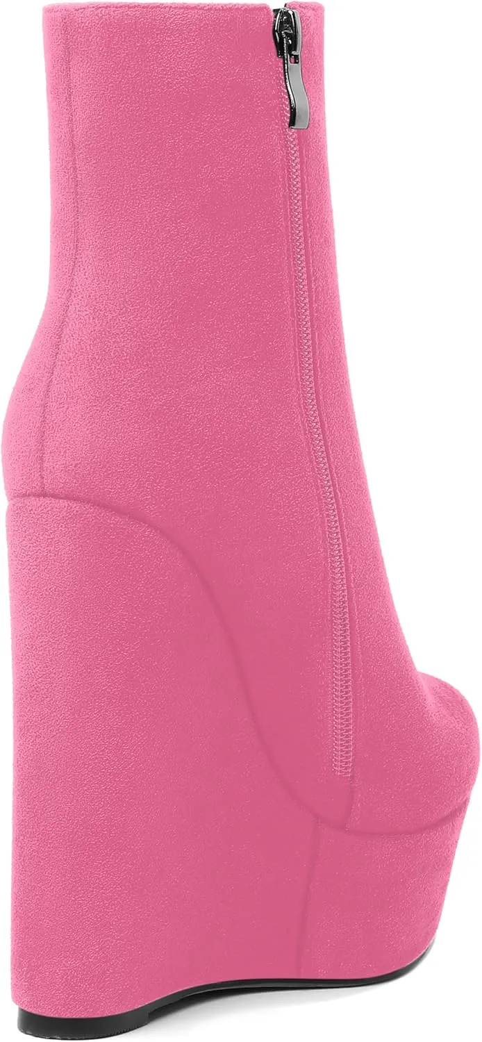 AMBELIGHT Womens Night Club Suede Round Toe Fashion Booties Platform Zip Wedge High Heel Ankle High Boots 6 Inch