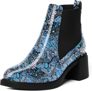 AMBELIGHT Womens Office Patent Chelsea Casual Elastic Round Toe Solid Chunky Mid Heel Ankle High Boots 2.5 Inch