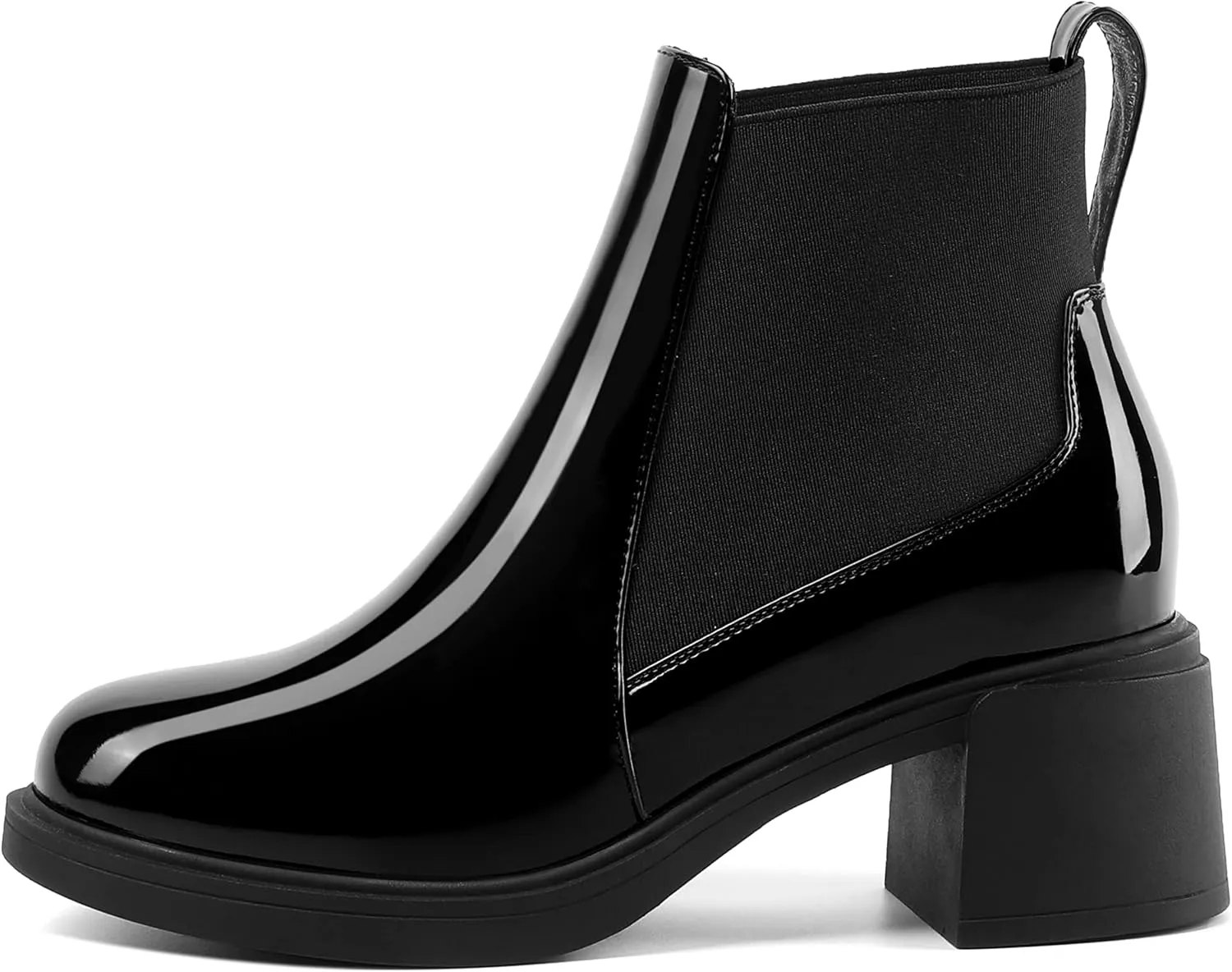 AMBELIGHT Womens Office Patent Chelsea Casual Elastic Round Toe Solid Chunky Mid Heel Ankle High Boots 2.5 Inch