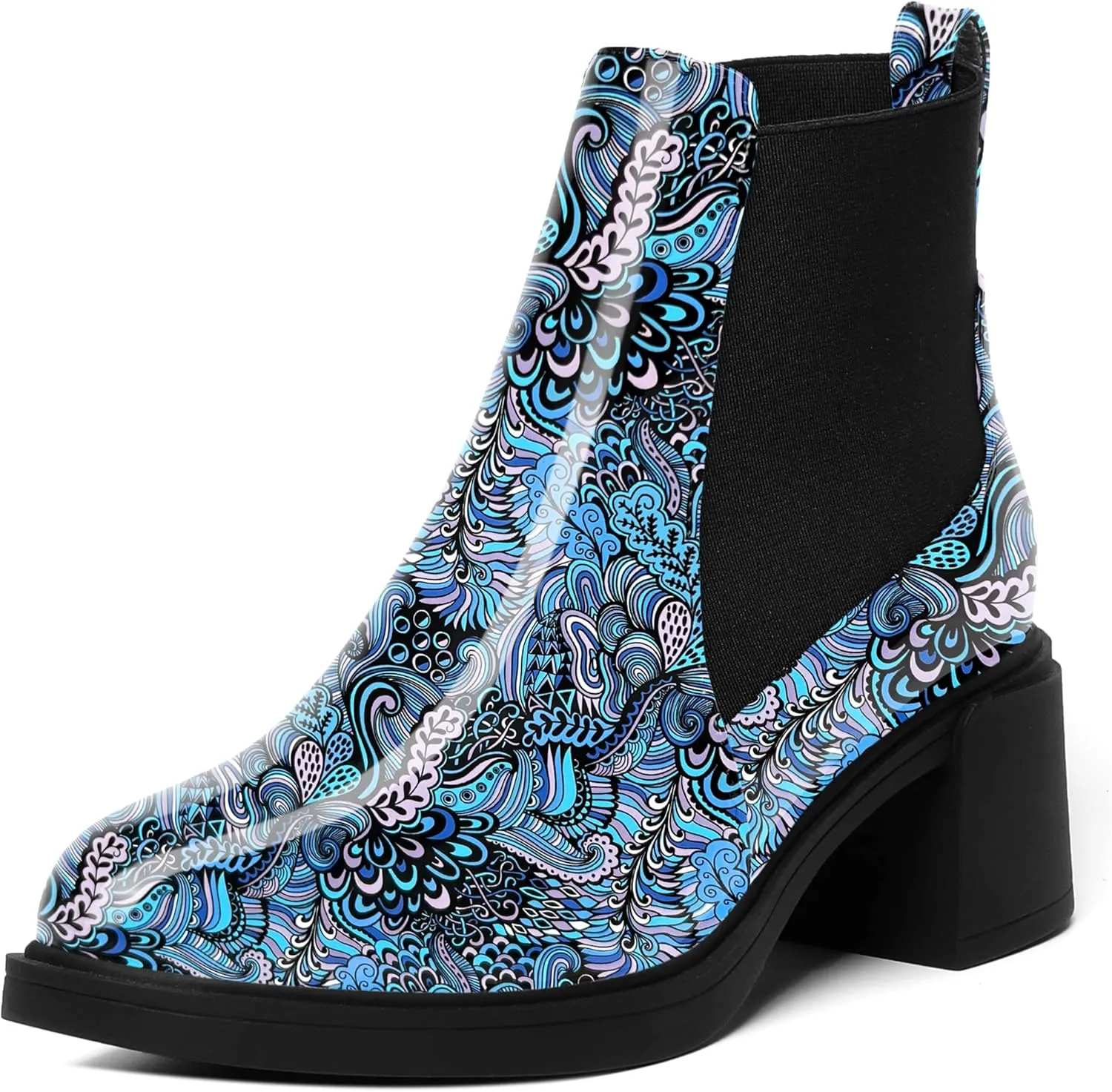 AMBELIGHT Womens Office Patent Chelsea Casual Elastic Round Toe Solid Chunky Mid Heel Ankle High Boots 2.5 Inch