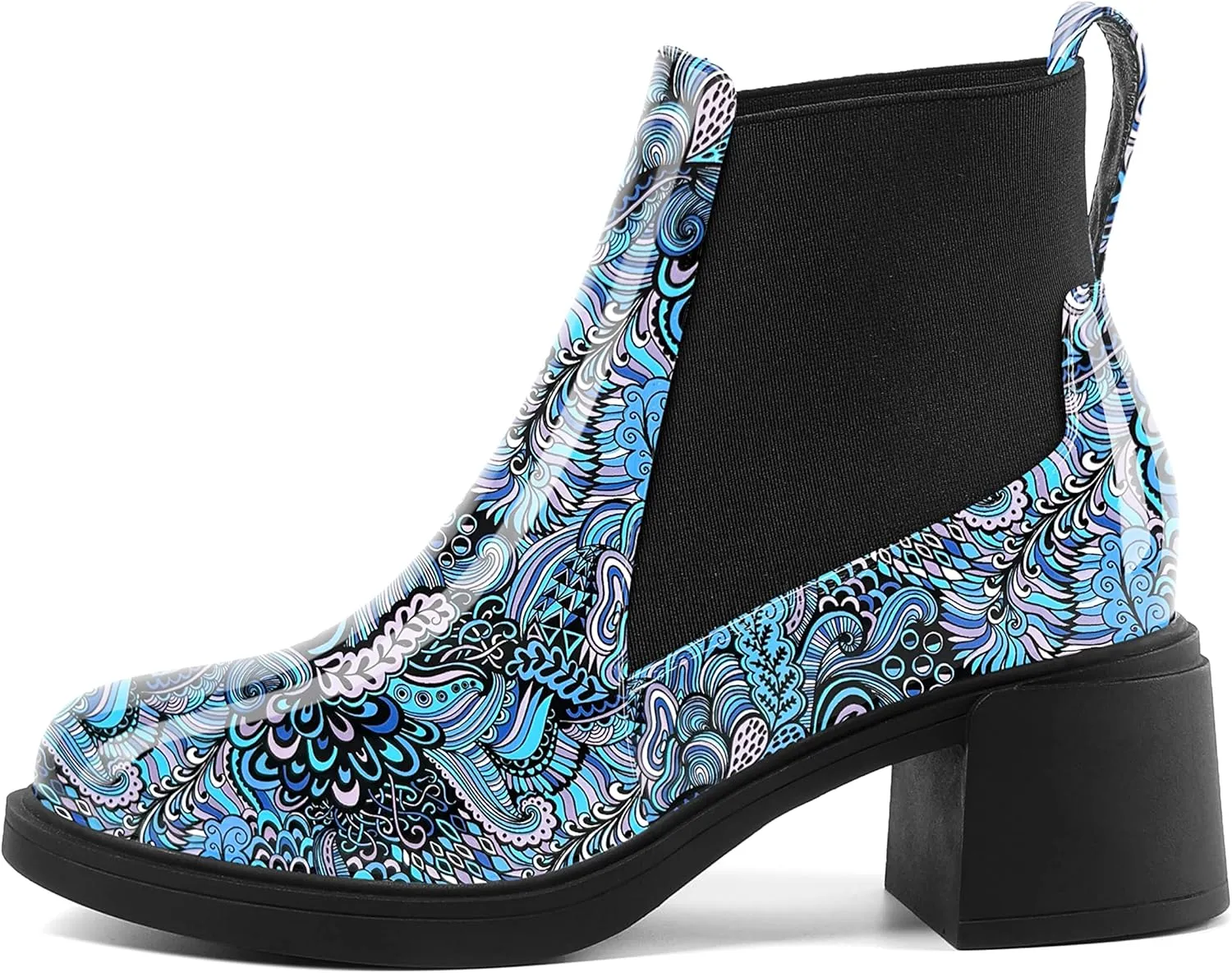AMBELIGHT Womens Office Patent Chelsea Casual Elastic Round Toe Solid Chunky Mid Heel Ankle High Boots 2.5 Inch