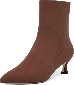 AMBELIGHT Womens Solid Casual Zip Suede Pointed Toe Business Kitten Low Heel Ankle High Boots 2 Inch