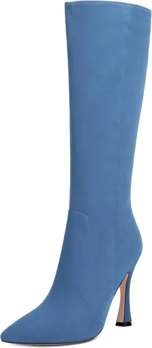 AMBELIGHT Womens Solid Pointed Toe Zip Dating Casual Suede Stiletto High Heel Knee High Boots 4 Inch