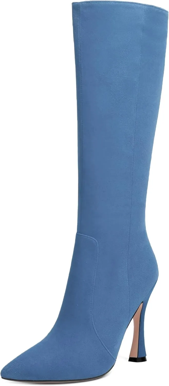 AMBELIGHT Womens Solid Pointed Toe Zip Dating Casual Suede Stiletto High Heel Knee High Boots 4 Inch