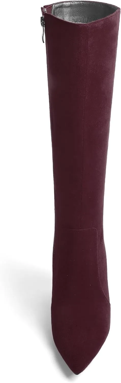 AMBELIGHT Womens Solid Pointed Toe Zip Dating Casual Suede Stiletto High Heel Knee High Boots 4 Inch