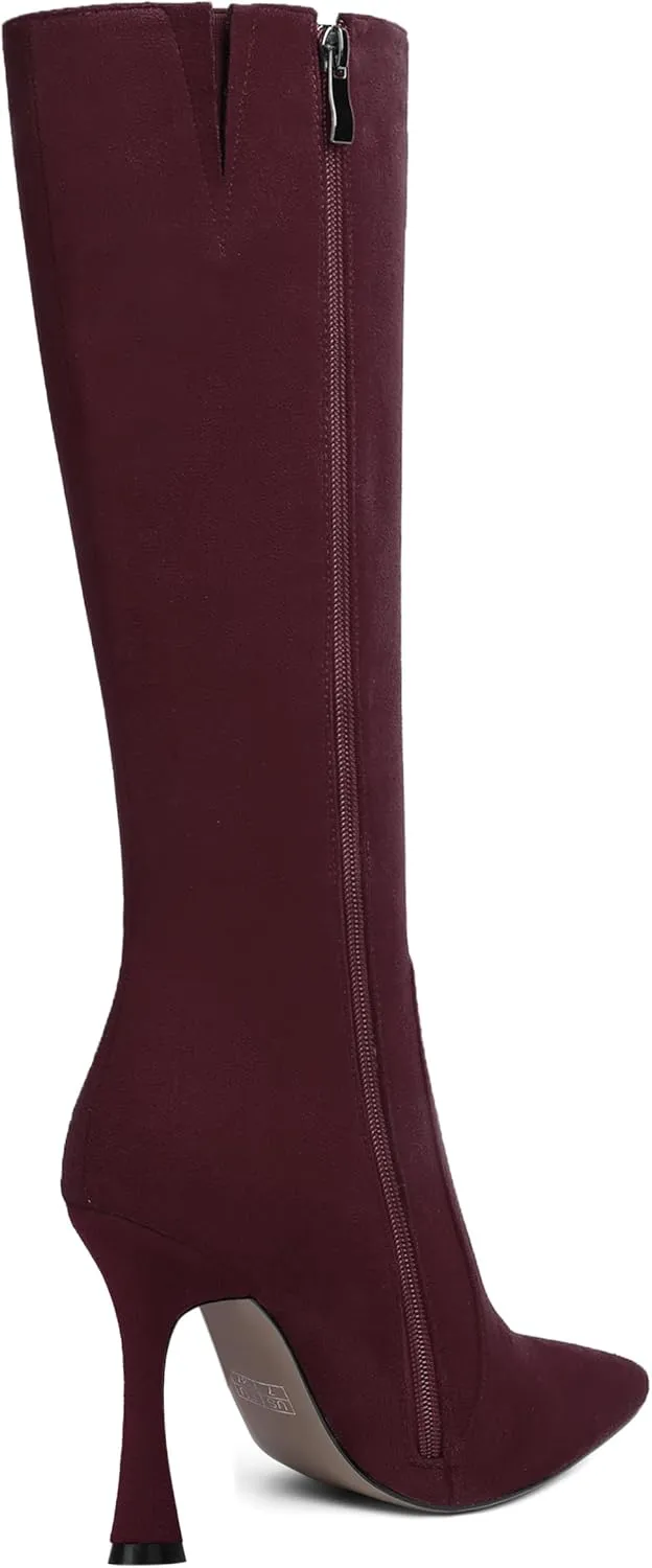 AMBELIGHT Womens Solid Pointed Toe Zip Dating Casual Suede Stiletto High Heel Knee High Boots 4 Inch