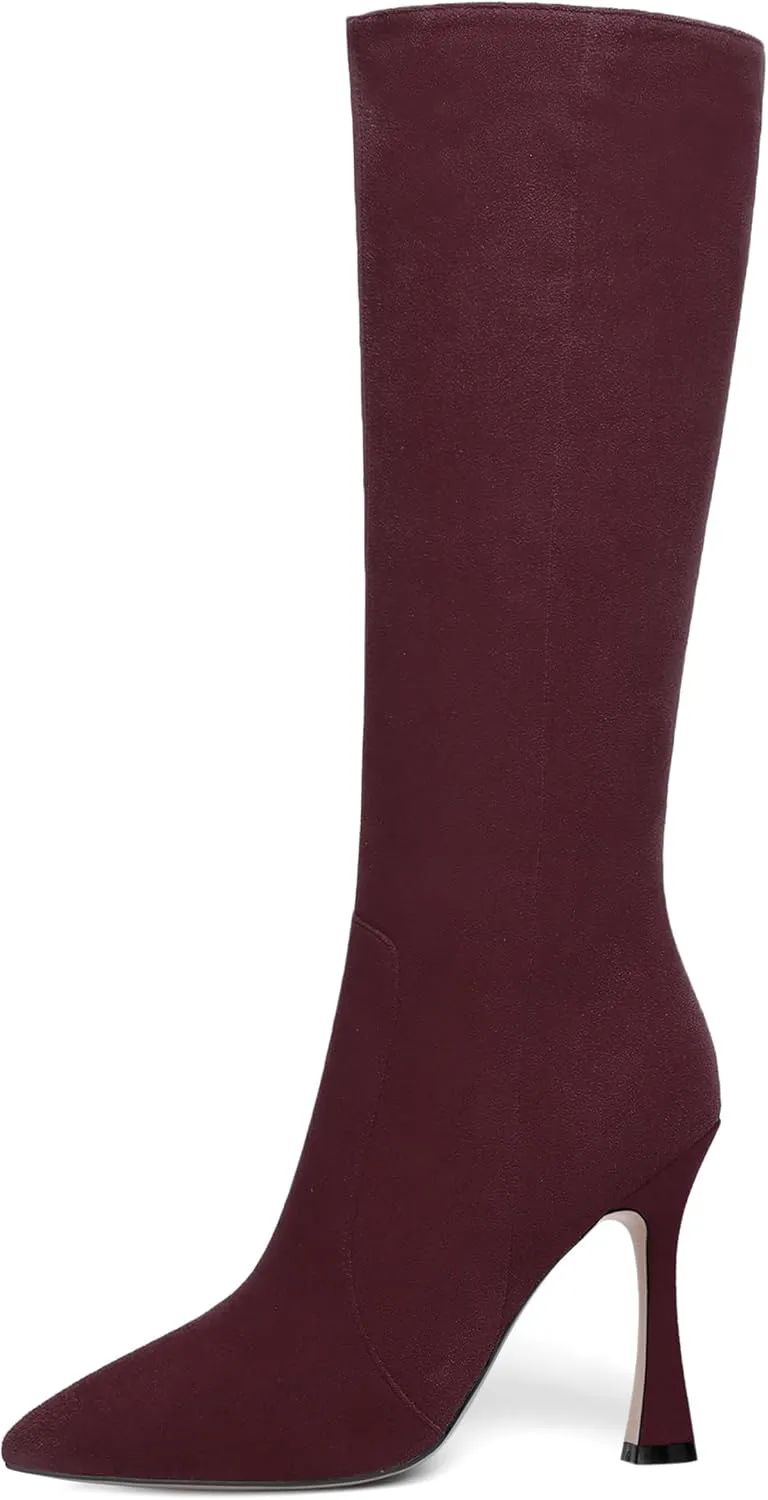AMBELIGHT Womens Solid Pointed Toe Zip Dating Casual Suede Stiletto High Heel Knee High Boots 4 Inch