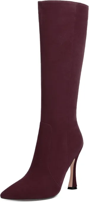 AMBELIGHT Womens Solid Pointed Toe Zip Dating Casual Suede Stiletto High Heel Knee High Boots 4 Inch