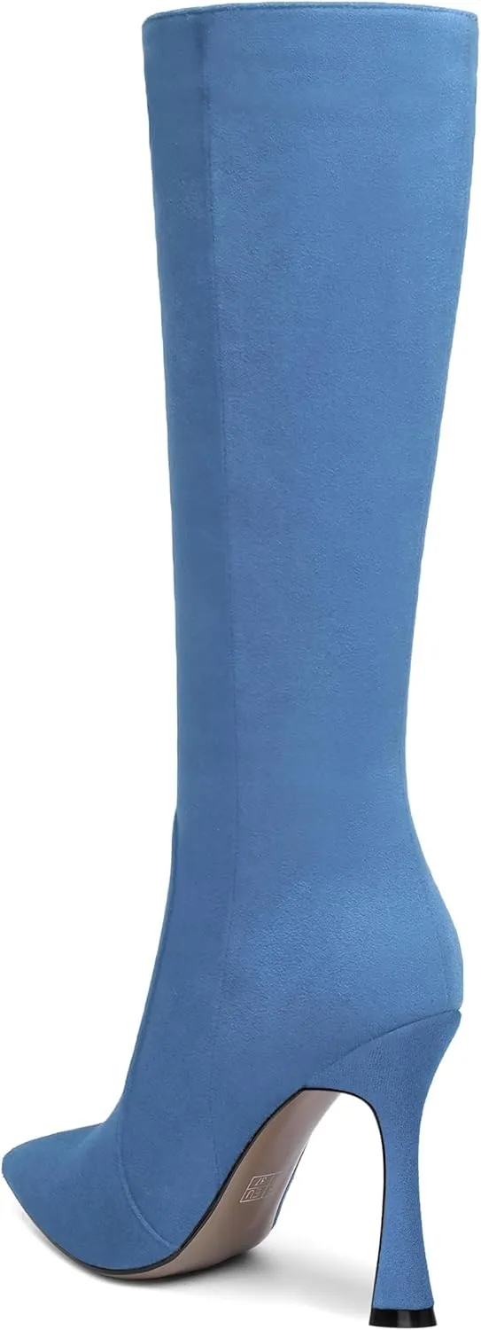 AMBELIGHT Womens Solid Pointed Toe Zip Dating Casual Suede Stiletto High Heel Knee High Boots 4 Inch